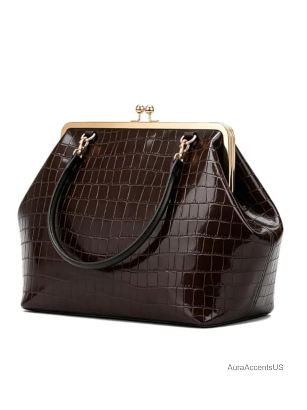 Women's Large Faux Leather Kiss Lock Tote Bag Shoulder Handbag
